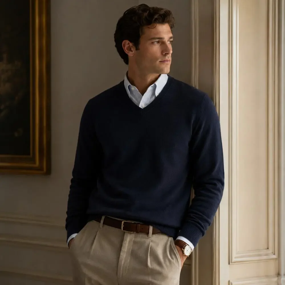 Brooks Brothers 3 Ply Scottish Cashmere Vneck Sweater Dark Navy Medium